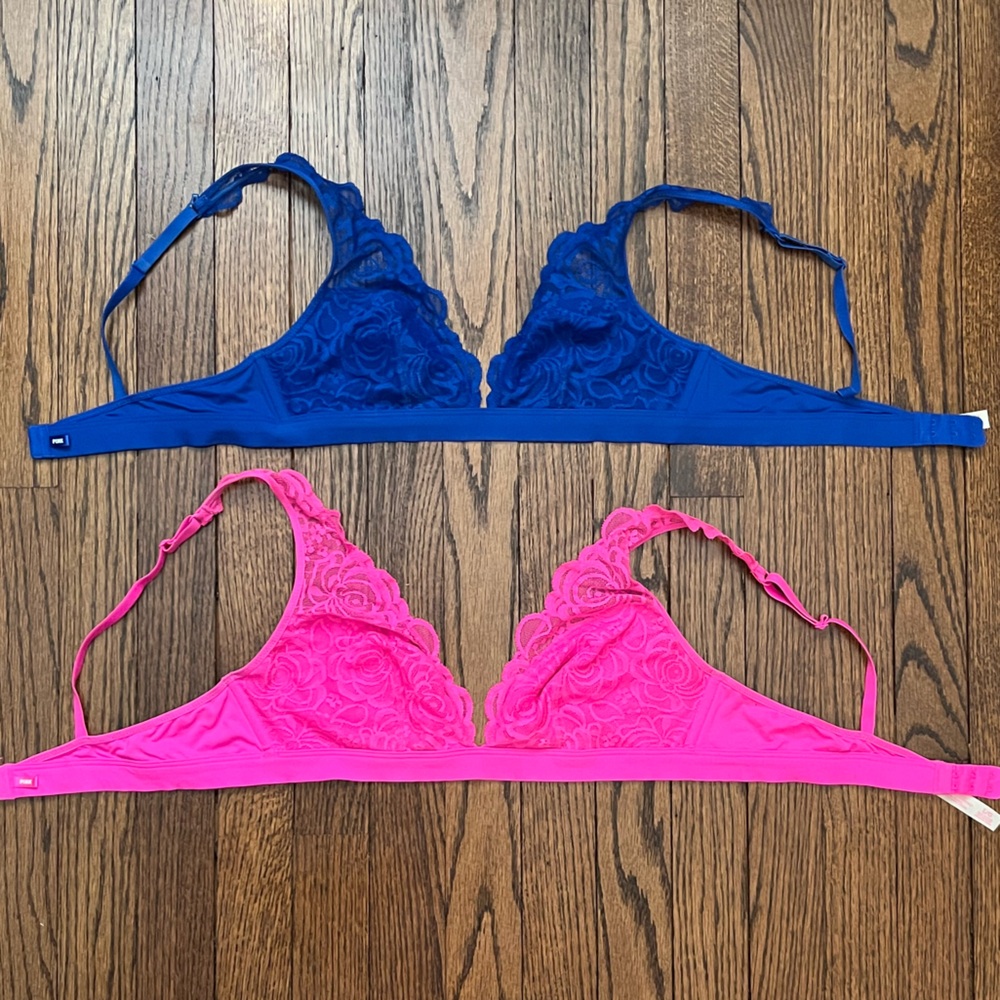 PINK Victoria's Secret Hot Pink & Bright Blue Lace Bralette Bundle